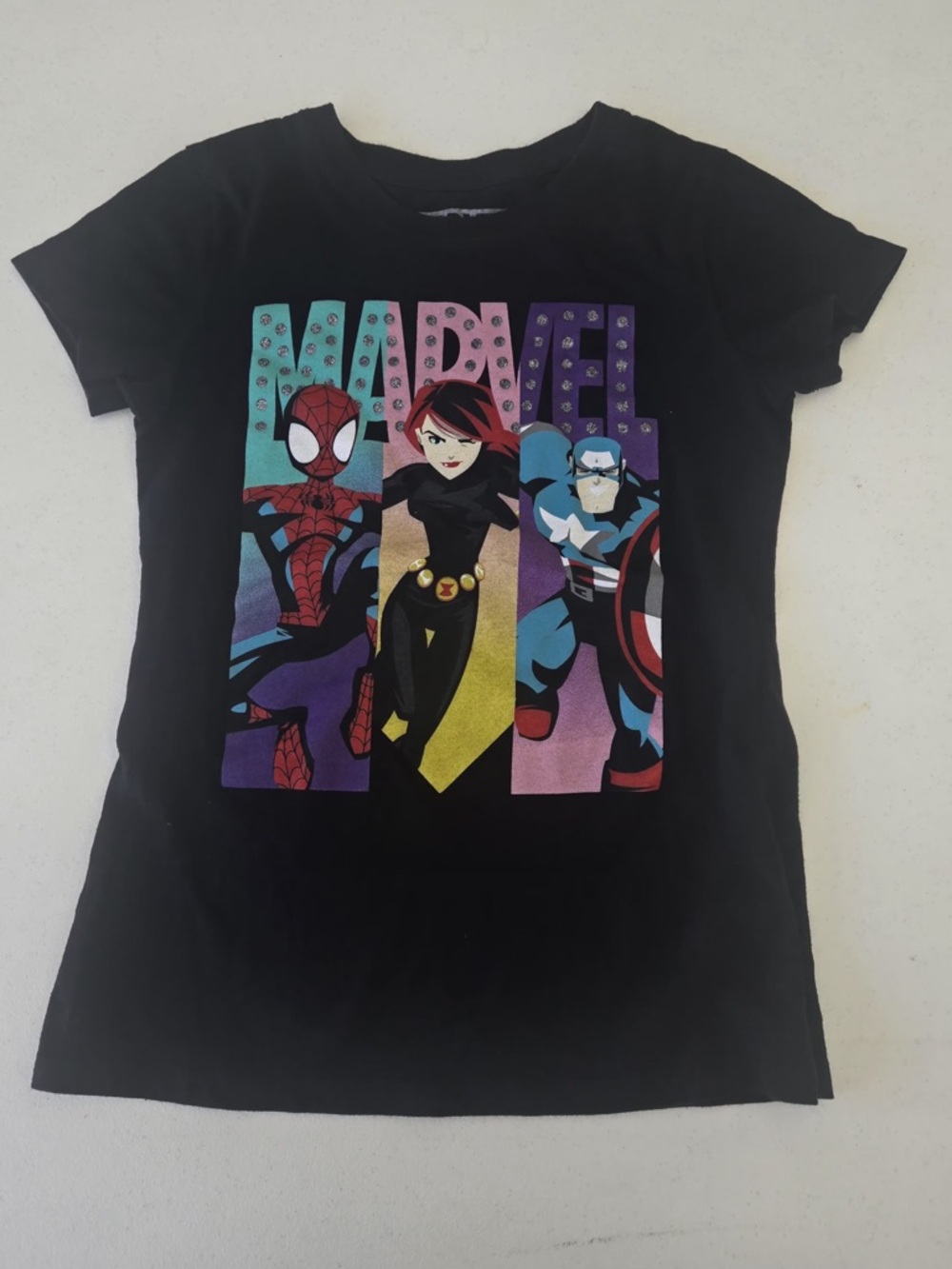 Marvel Black Graphic Tee with Multicolor Character Panels
